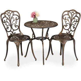 Relaxdays Gartenmöbel Set 3-teilig, Tisch, 2 Stühle, Aluguss, Balkonmöbel Antikdesign, Garten Sitzgruppe, schwarz/Bronze