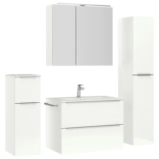 Nobilia Badezimmer , Edelstahlfarben, Weiß Hochglanz , Metall , 5-teilig , 5 Fächer , 3,2 Schubladen , G , 141 cm , Goldenes M, Made in Germany , Griffeauswahl, hängend, Zusatzausstattung erhältlich, Typenvielfalt , Badezimmer, Badmöbelsets & Badmöbelserien, Badmöbel-Sets