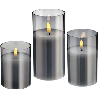 Spetebo LED Echtwachs Kerzen mit Timer im satinierten Glas - 3er Set - Leuchtfarbe: warmweiß - flackernde Kerze Deko Glas Windlicht flammenlos