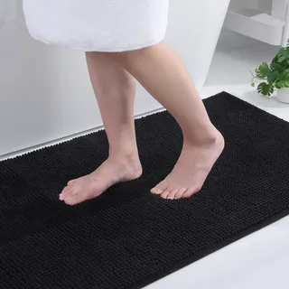 Homaxy Chenille Badezimmerteppich rutschfeste Badematte Waschbar Badteppich Weich Badvorleger Saugfähige Duschvorleger für Badezimmer - 60x90 cm, Schwarz