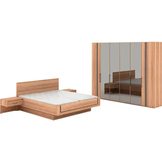 Musterring Schlafzimmer-Set »Sorrent, Kleiderschrank, Bett & Nachtkommoden, teilmassiv Eiche« 2er-Set Nachtschränke, Drehtürenschrank 300 cm, Bett 180x200 cm, Bett schwebende Optik, Eiche teilmassiv, Spiegeltüren in Parsol-Bronze, braun