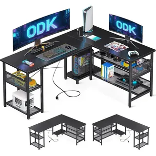 ODK Gaming Schreibtisch Eckschreibtisch Schwarz mit USB-Anschlüssen 150×102cm - Schwarz