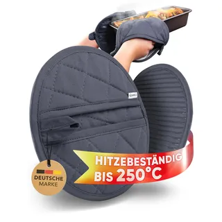 WOHNHELD Premium Topflappen (Extrem hitzebeständig bis 250 °C) waschbare & weiche Baumwolle - Ofenhandschuhe Topfuntersetzer mit praktischen Greif-Taschen - 20cm Grau
