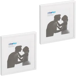 Relaxdays Bilderrahmen 2er Set, 38,5x38,5 cm, quadratisch, Fotorahmen, Aufhängen oder Hinstellen, Passepartout, weiß