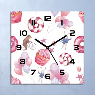 Wanduhr Echt-Glas-Küchenuhr Törtchen Tier Ballons Süßigkeiten 30x30 Deko Bilder - Rot