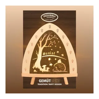 Weigla - Dekoleuchte Erzgebirge I Motiv Herbst I 1 LED Lampe I 0,8 W, E14 I Herbstdeko innen I Herbstbeleuchtung aus Holz I Fensterdeko