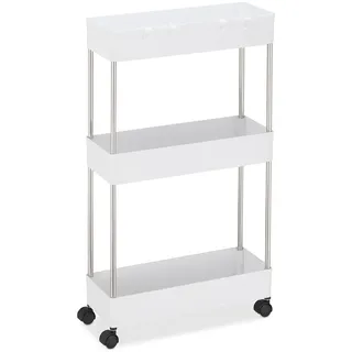 Relaxdays Nischenwagen, Kunststoff, HBT: 70 x 15,5 x 40,5 cm, schmales Nischenregal Bad & Küche, 4 Haken, 3 Fächer, weiß