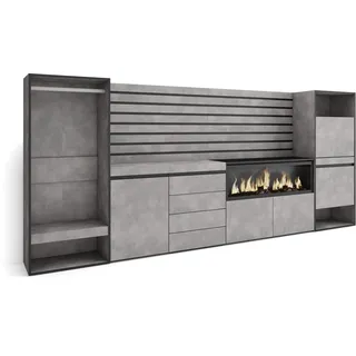 Skraut Home | Sideboard, Kommode | Aufbewahrungsschrank | 334x145x35 cm | Für Schlafzimmer | Elektrokamin XXL | Kommode mit Schubladen | Schuhschrank | Offener Kleiderschrank | Moderner Stil | Zement