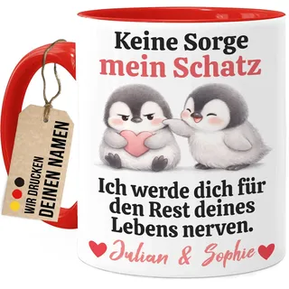 Tassenliebling® Paar Tasse personalisiert - Keine Sorge, Schatz - Lustiges Pärchen Geschenk für ihn zum Valentinstag - Liebesgeschenke Freund Ehemann - Keramik 330ml - Pinguin (Rot)