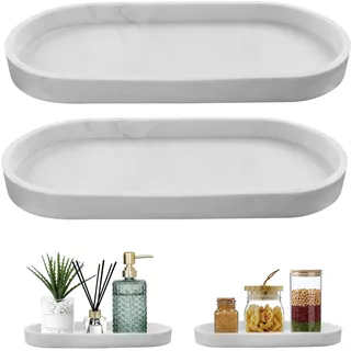 2 Stück Badezimmer Tablett, XIATIAN Badezimmertablett, Deko Tablett Silikon Marmor Tabletts, Kleines Oval Tabletts für Waschtisch Badewanne Küchenspüle und Toilette (Marmor Weiß, 25 x 11 x 2 cm)