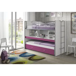 Vipack Hochbett "Bonny, mit 3 Schlafgelegenheiten, super praktisch im Kinderzimmer", lila weiß, fuchsia), B:102cm H:161cm L:222cm, Hochbetten, Hochbett, mit großer Schreibplatte, Regalfächern, viel Funktion auf kleinem Raum,