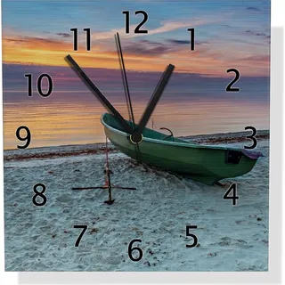 Wallario Design Wanduhr Einsames Fischerboot mit Anker am Strand aus Aluverbund, Größe 30 x 30 cm - Blau