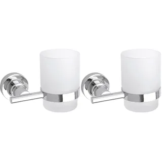 tesa LUUP Zahnputzbecher mit Halterung - Becher aus satiniertem Glas, verchromte Wandhalterung - zur Wandbefestigung ohne Bohren, inkl. Klebelösung - 120mm x 95mm x 100mm (Packung mit 2)