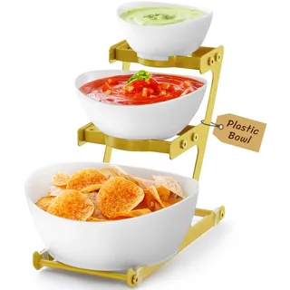 Lifewit Etagere 3 Etagen mit Kunststoff Servierschalen, 3-stöckige Dipschalen Snackschalen mit Goldenes Metallregal, Party Buffet Zubehör, Wiederverwendbare Servierschüssel für Vorspeisen/Obst/Snacks