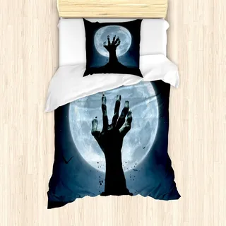 ABAKUHAUS Halloween Bettbezug Set, Realistische Zombie Erde Boden Vollmond Fledermaus Horror Geschichte Oktober Twilight unter dem Motto, 135 x 200 cm + 80 x 80 cm, Blau Schwarz