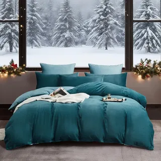 YASMENG Winter Bettwäsche 135x200 Petrol Hellblau Warm Kuschelig Flauschige Bettwäsche Winter Weich Samt Plüsch Fleece Flanell Wendebettwäsche 2 Teilig mit Reißverschluss und 80x80 cm Kissenbezug