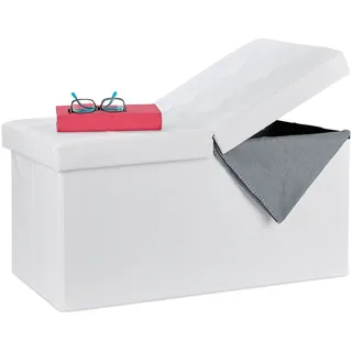 Relaxdays Sitzbank, mit Stauraum, faltbar, Leder-Optik, klappbarer Deckel, Flur, Schlafzimmer, Polster Truhenbank, weiß