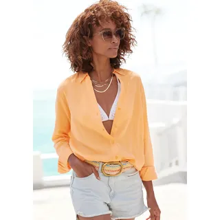 Hemdbluse LASCANA, Damen, Gr. 42, orange (mango peach), Web, Obermaterial: 58% Viskose, 28% Baumwolle, 14% Leinen, unifarben, figurumspielend hüftbedeckend, V-Ausschnitt, 2-Knopf-Manschette, Blusen Hemdbluse, aus Leinenmix, Damenbluse mit Hemdkragen und Knopfleiste, Topseller