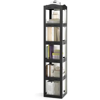 FANTASK 360° drehbares Bücherregal, 3 Etagen Küchenregal mit rutschfesten Fußpolster & transparenten Paneele, Standregal Schmal für Wohnzimmer & Arbeitszimmer (Schwarz, 36,5 x 36 x 174 cm)