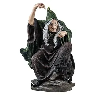 DRW Figur Einer Hexe mit schwarzer Katze aus Kunstharz, handbemalt, 7 x 5 x 27 cm