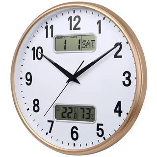 HZDHCLH 33cm Funkuhr Digitale, Anzeige von Temperatur, Luftfeuchtigkeit, Kalender, Modernes Design, Geeignet Für Zuhause, Büro, Schule(Weißes Gold)