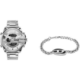 Diesel Herrenuhr Mega Chief und Armband, goldfarbener Edelstahl, Set