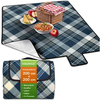 KRUMAD Picknickdecke Wasserdicht, XXL 200x200 cm, Outdoor Decke Gepolstert, Sandfrei, Camping Decke für Strand, Garten & Park, Faltbar mit Tragegriff, Leicht & Bequem (Marineblau-Beige)