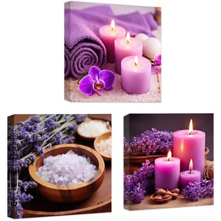 CCWACPP Zen Leinwand Wanddekoration 3 teilig lila Aromatherapie Kerzen Blumenbild Druck Badezimmer Schönheit Spa Behandlung Meditationsraum Wanddekoration gerahmt (30x30cmx3)