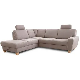 Cavadore Ecksofa Wisconsin mit Vorziehsitz / Eckcouch mit Federkern in Lederoptik / Inkl. 2 Kopfstützen + Bettkasten / Landhausstil / Holzfüße in Buche / Mikrofaser / 248 x 88 x 218 cm / Hellgrau