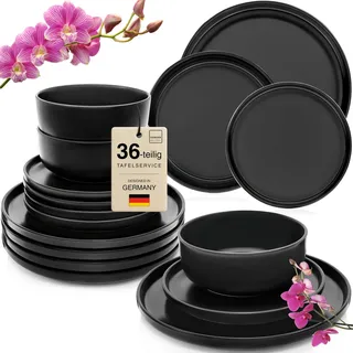 SÄNGER Madeira Steingut Geschirr Set 36 tlg, Teller Set 6 Personen | 12x Speiseteller 12x Müslischalen 12x Dessertteller, Tafelservice schwarz kratzfest, Essgeschirr