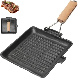 Tutamaz Steakpfanne Gusseisen Grillpfanne Klappbarer Holzgriff, 20 x 20 cm Antihaft-Grillpfanne Quadratische Pfanne, Steakpfanne aus Gusseisen mit Ausgießer, Für Induktion, Ceran, Gas & Outdoor Grill