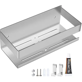 EXLECO 23CM Duschablage Ohne Bohren Duschregal Wand Edelstahl Badregal mit 2 Haken Duschkorb Selbstklebende Bad Regal Badezimmer Aufbewahrung Wandregal für Shampoo Duschgel 7,5cm Hoch Gebürstet Silber