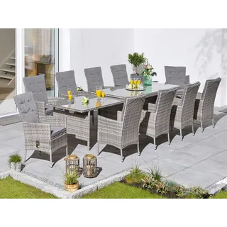 KONIFERA Garten-Essgruppe »Belluno«, (Set, 21 tlg., 10x Sessel, 1x AZ-Tisch 179-300x73/89cm, inkl. Auflagen, Polyrattan), 2 der 10 Sessel stufenlos verstellbar, Tischplatte aus Sicherheitsglas, grau