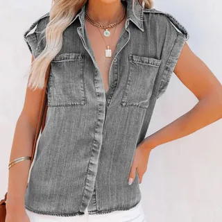 Bluse Damen,Damen-Jeansbluse Sommer-Vintage-Waschung Verblasste Hemden Mit V-Ausschnitt Oberteile Lässige Lockere Ärmellose Blusen Mit Knopfleiste Tunika-Oberteile Distressed-Chambray-Jeans-Wester