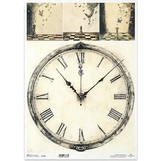 Reispapier für Decoupage A3 - Uhr, Schach, Schmetterlinge - R1464L - Itd Collection - Bunt