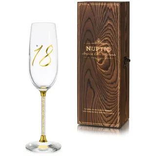 NUPTIO Sektgläser 18. Geburtstag Geschenke: Geschenkideen mit Holzkiste Gold Birthday Gravur Gläser für Frau Junge Mädchen Prosecco Sektflöten Geschenkbox Sohn Freundin 7.04oz