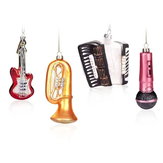 BRUBAKER 4-TLG. Baumkugel Set Musik Gitarre Akkordeon Trompete Mikrofon - Handbemalte Weihnachtskugeln Musikinstrumente - Christbaumschmuck aus Glas - Baumschmuck Lustig für Sänger und Musiker