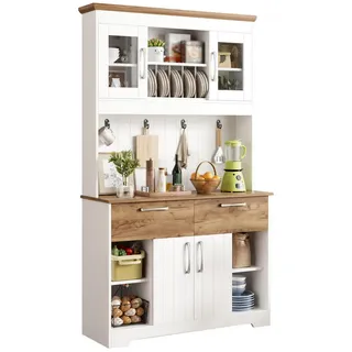 Modfu Buffet aus Spanplatte 106x39x176,5 cm Weiß/Natur mit Vitrinenfächern, 2 Schubladen und Hakenleiste , Naturfarben , Holzwerkstoff , 106x176.5x39 cm , Esszimmer, Anrichten, Buffetschränke