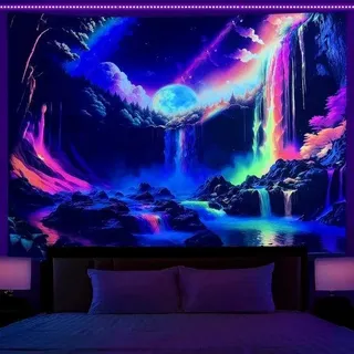 Unyqoos® UV-reaktiver Wandteppich 'Regenbogen-Wasserfall' – Polyester Wandbehang, leuchtet unter UV-Licht, bunte Wohnraumdekoration, waschbar