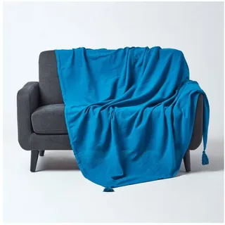 Homescapes Tagesdecke Rajput, türkis/blau, Wohndecke aus 100% Baumwolle, 150 x 200 cm, Sofaüberwurf/Couchüberwurf in RIPP-Optik