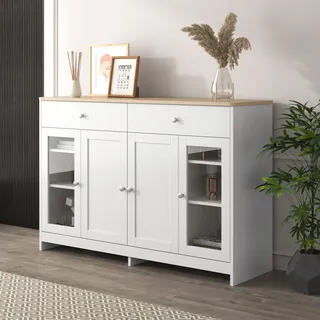 Sweiko Sideboard mit weißer Holzmaserung,vier Türen,mit zwei Schubladen,Tür mit Glas,Holzfarbe und Weiß - Weiß, Braun