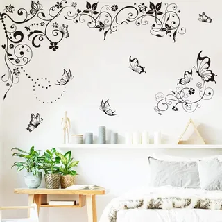 Runtoo Wandtattoo Blumenranke Hängende Rebe Schmetterling Wandsticker Schwarze Blumen Wandaufkleber Wohnzimmer Schlafzimmer Kinderzimmer