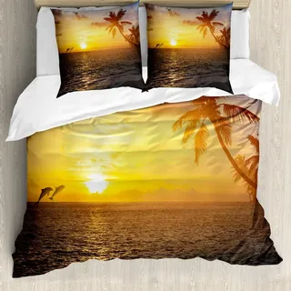 ABAKUHAUS Strand Bettbezug Set, Palmen im tropischen Insel Strand springenden Fischen und im majestätischen Bild, 155 x 220 cm + 80 x 80 cm, Blaugrau Gelb - Bunt