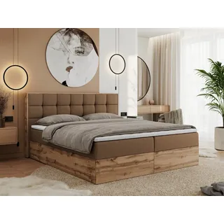 MKS Meble Boxspringbett 140x200 mit Bettkasten Eiche, Polsterbett 140x200 mit Matratze H4, Bett 140x200 mit Kopfteil, Eiche Wotan - 140x200 - Braun Kunstleder - Albero-1 - Bronze