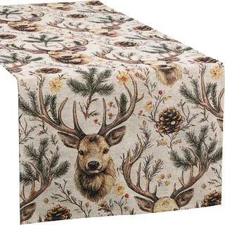 Erwin Müller Tischläufer, Tischwäsche Hirsch braun-grün Größe 45x140 cm - edel und robuster Stoff, pflegeleicht, strapazierstark und beständig