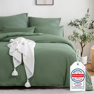 ATsense Bettwäsche 155x220 Baumwolle 2teilig, Stonewashed Bettwäsche-Sets Grün Ähnlich wie Leinen, Oeko-TEX, Hypoallergen und Atmungsaktiv, 1 Bettbezug und 1 Kissenbezug 80x80