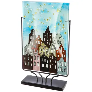 Glas Art Vase Stadtlichter - grau, hellblau, schwarz - Glas - Höhe 45cm handbemalt - Tischvase