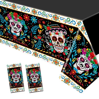 HOWAF 2 Dia De Los Muertos Tischdecke Einweg-Kunststoff-Tischdecken, PVC Halloween Tischdecke Halloween Deko Tag der Toten Rechteck Tischdecken Wasserdicht Halloween Tischdeko Dia De Los Muertos deko