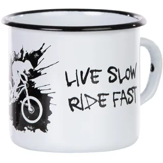 MUGSY Emaille Tasse, Mountainbike MTB Live Slow Ride Fast Motiv für Biker, 330ml, Dirt Design, bruchfest, weiß