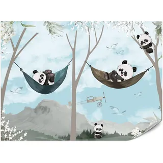 Muralo Fototapete für Kinderzimmer Pandas in Hängematten Märchenwald Blumen Berge 350x256 , Weiß, Grau, Schwarz , Papier , Märchen/ Fantasie , Rechteckig , 350x256 cm ,